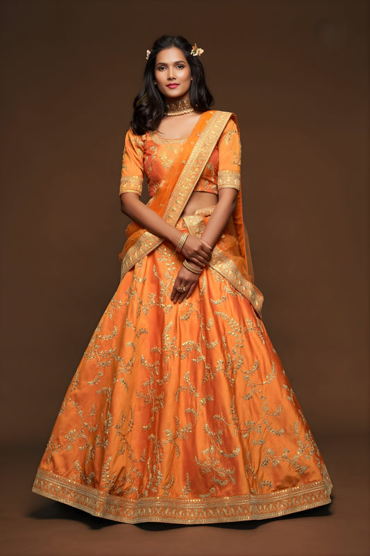 Beautiful Orange Art Silk Heavy Embroidered Lehenga Choli with Soft Net Dupatta for Wedding