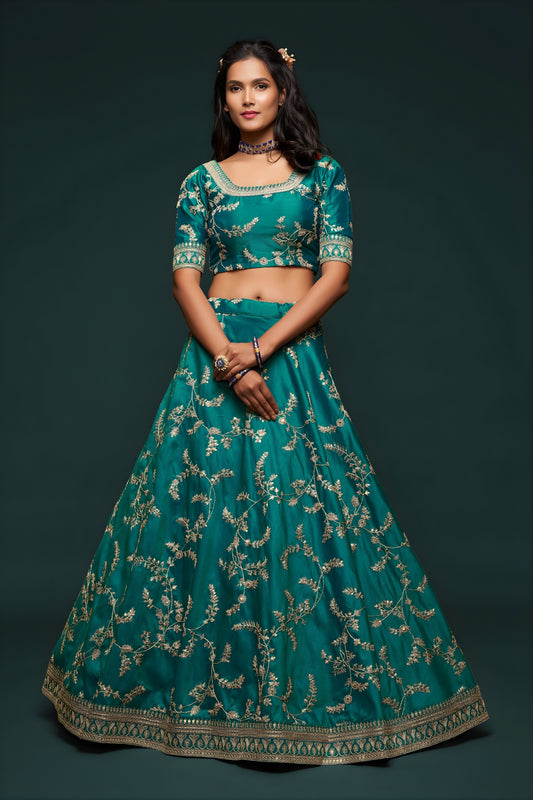 Elegant Teal Blue Art Silk Heavy Embroidered Lehenga Choli with Soft Net Dupatta for Wedding