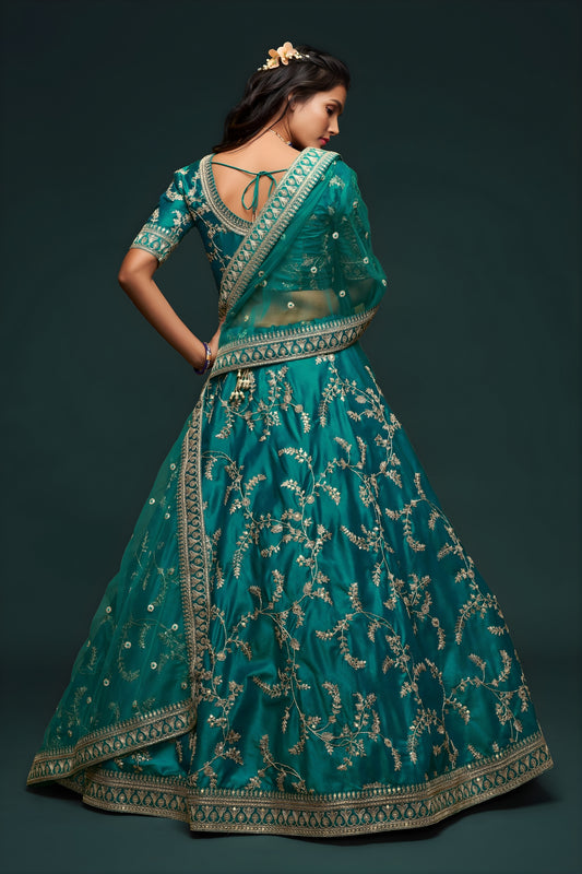 Elegant Teal Blue Art Silk Heavy Embroidered Lehenga Choli with Soft Net Dupatta for Wedding