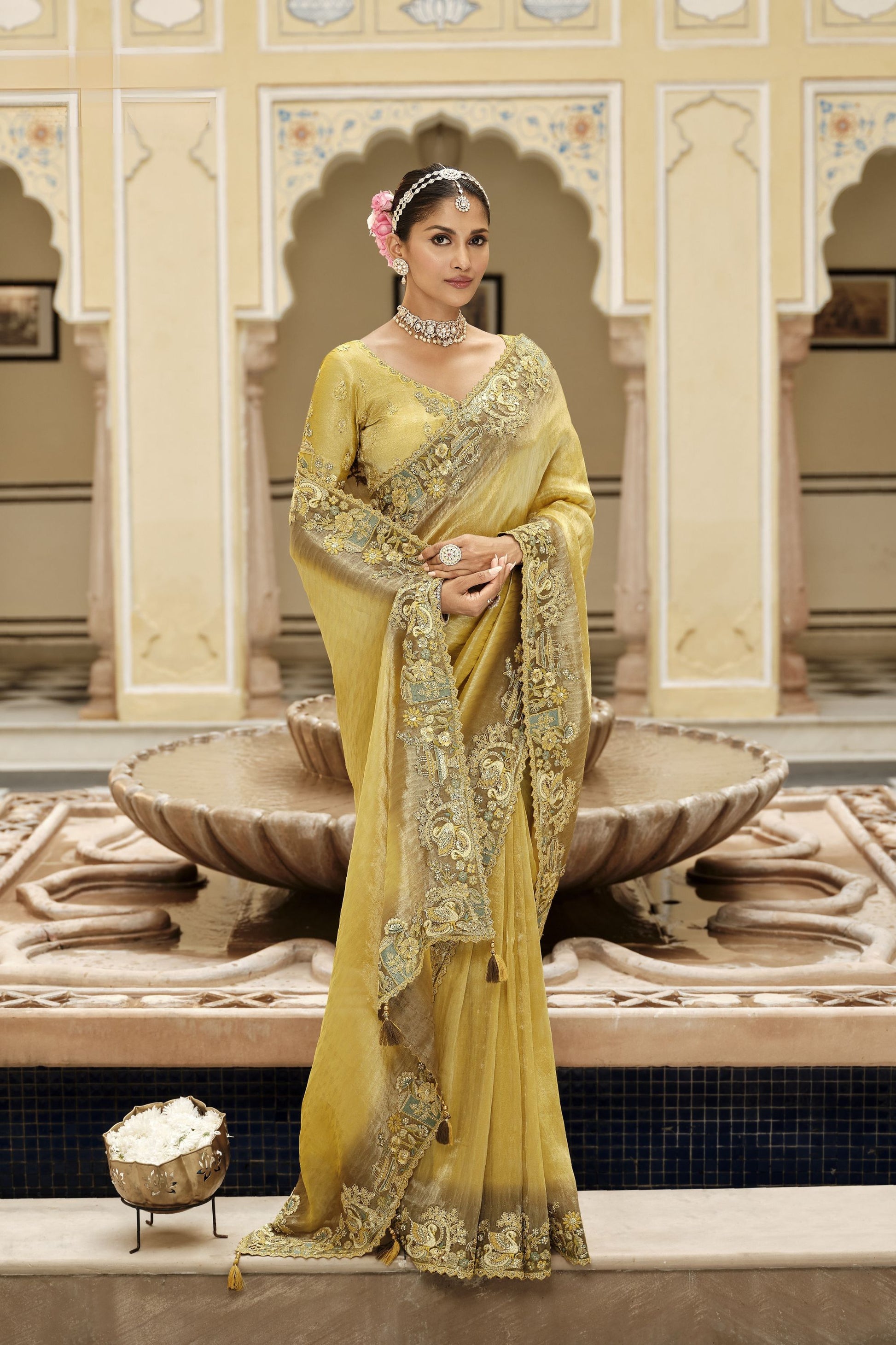 Mustard Yellow Organza Saree with Heavy Designer Border