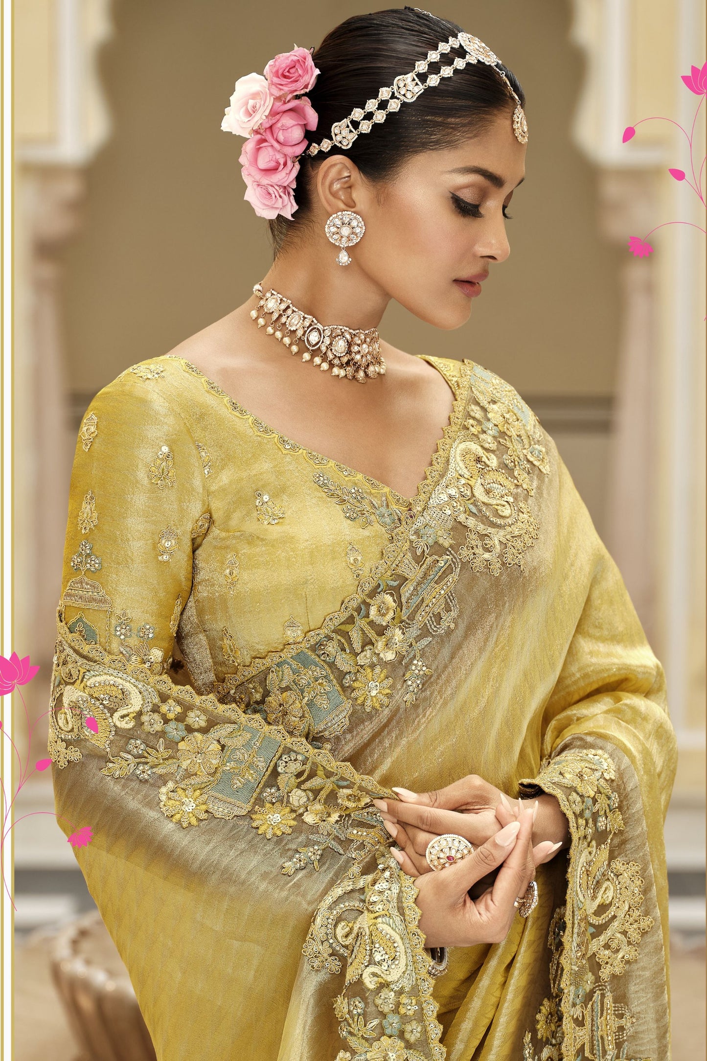 Mustard Yellow Organza Saree with Heavy Designer Border