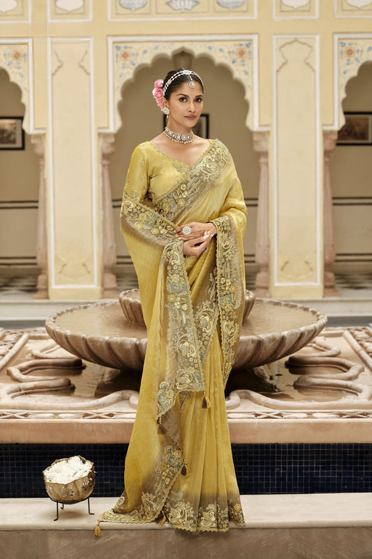 Mustard Yellow Organza Saree with Heavy Designer Border