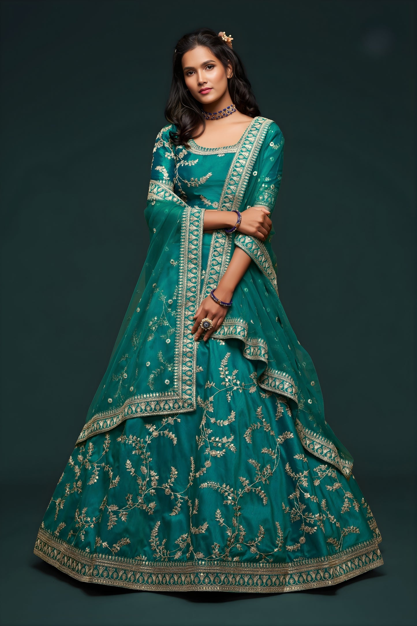 Elegant Teal Blue Art Silk Heavy Embroidered Lehenga Choli with Soft Net Dupatta for Wedding