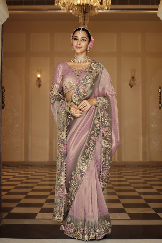 Lavender Purple Organza Saree Floral Luxury Designer Saree 