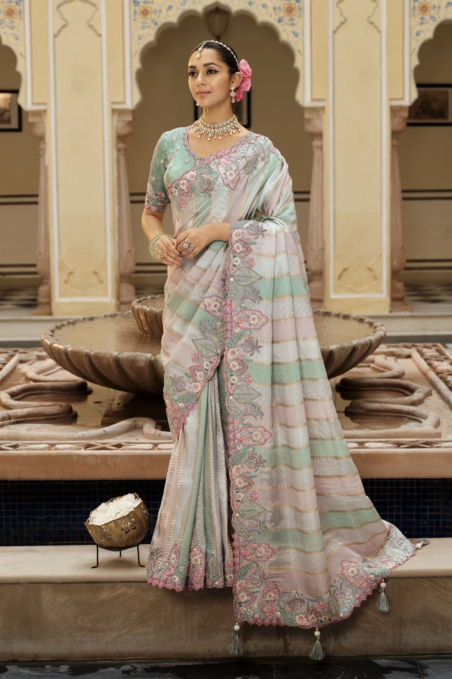 Pastel Mint Green Organza Saree Floral Embroidery Designer Saree