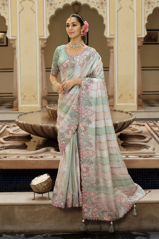 Pastel Mint Green Organza Saree Floral Embroidery Designer Saree