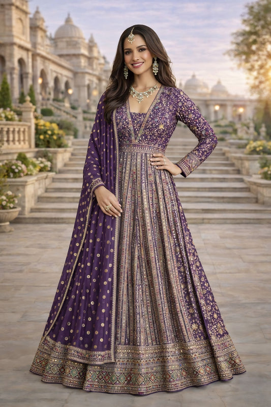 Royal Purple Georgette Embroidered Readymade Wedding Wear Gown with Dupatta
