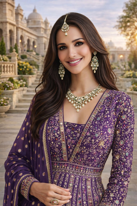 Royal Purple Georgette Embroidered Readymade Wedding Wear Gown with Dupatta