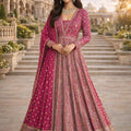 Stylish Rani Pink Georgette Embroidered Readymade Wedding Wear Gown with Dupatta