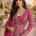 Stylish Rani Pink Georgette Embroidered Readymade Wedding Wear Gown with Dupatta