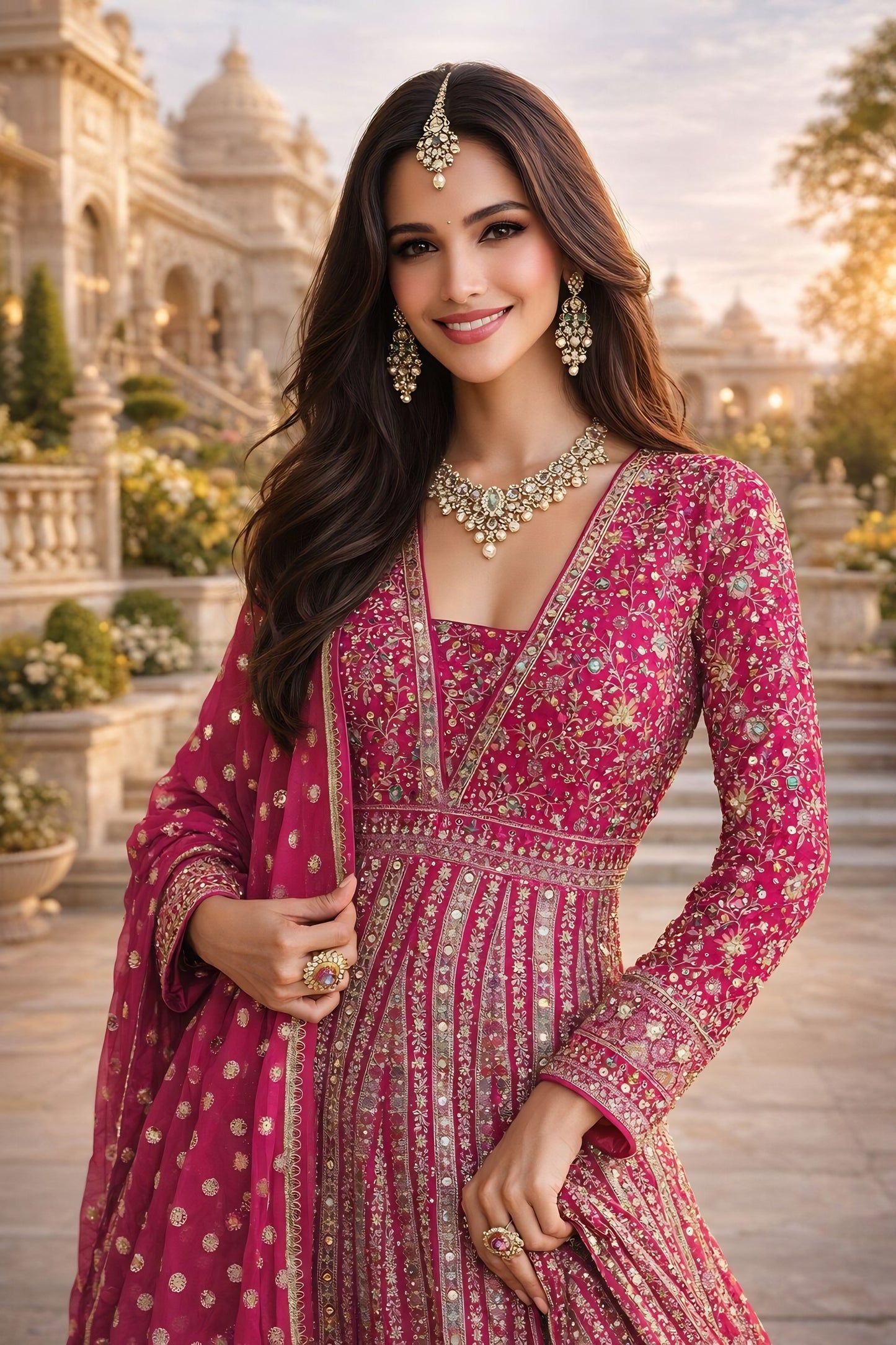 Stylish Rani Pink Georgette Embroidered Readymade Wedding Wear Gown with Dupatta