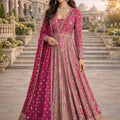 Stylish Rani Pink Georgette Embroidered Readymade Wedding Wear Gown with Dupatta
