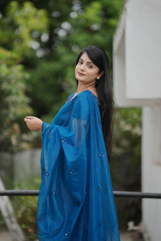 Royal Blue Organza Saree Embroidered Border Designer Blouse