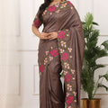 Brown Silk Saree with Floral Embroidery Border Designer Blouse