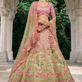 Stylish Pink and Pista Green Embroidered Silk Bridal Lehenga Choli with Floral Work and Net Dupatta