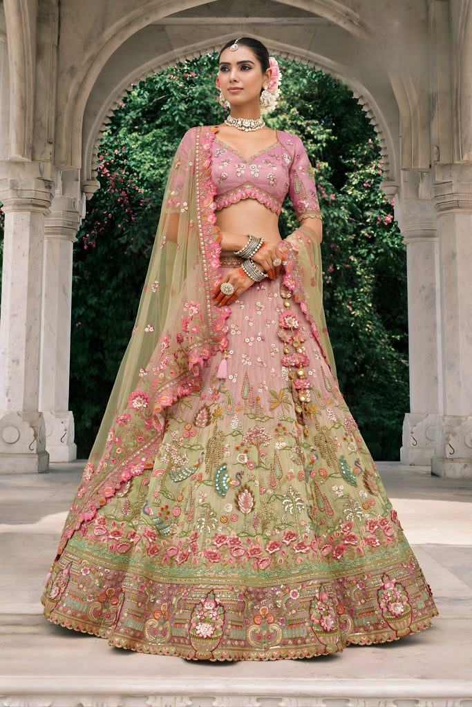 Stylish Pink and Pista Green Embroidered Silk Bridal Lehenga Choli with Floral Work and Net Dupatta