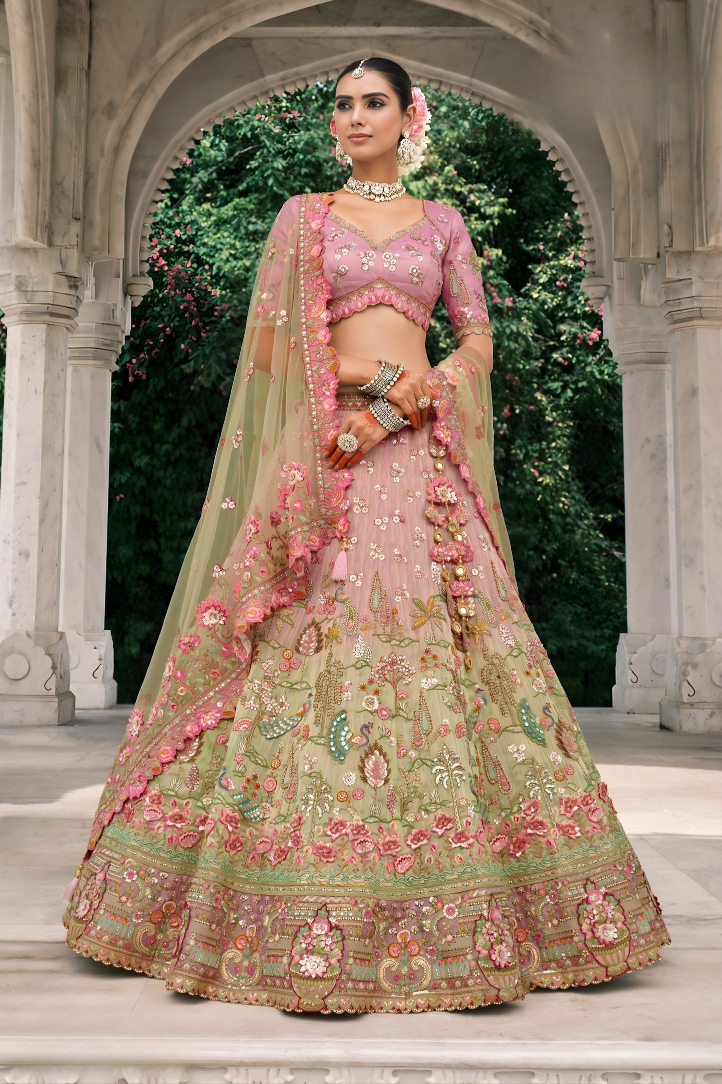 Stylish Pink and Pista Green Embroidered Silk Bridal Lehenga Choli with Floral Work and Net Dupatta