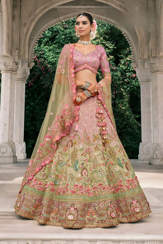 Stylish Pink and Pista Green Embroidered Silk Bridal Lehenga Choli with Floral Work and Net Dupatta
