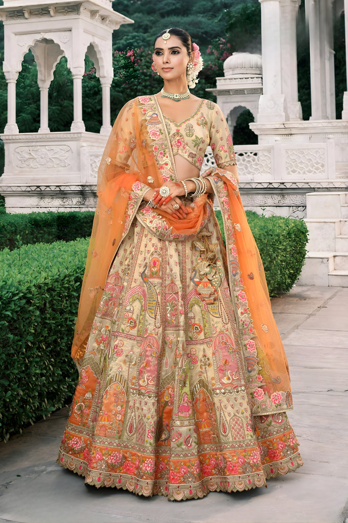 Graceful Beige and Orange Embroidered Silk Bridal Lehenga Choli with Floral Motifs and Net Dupatta