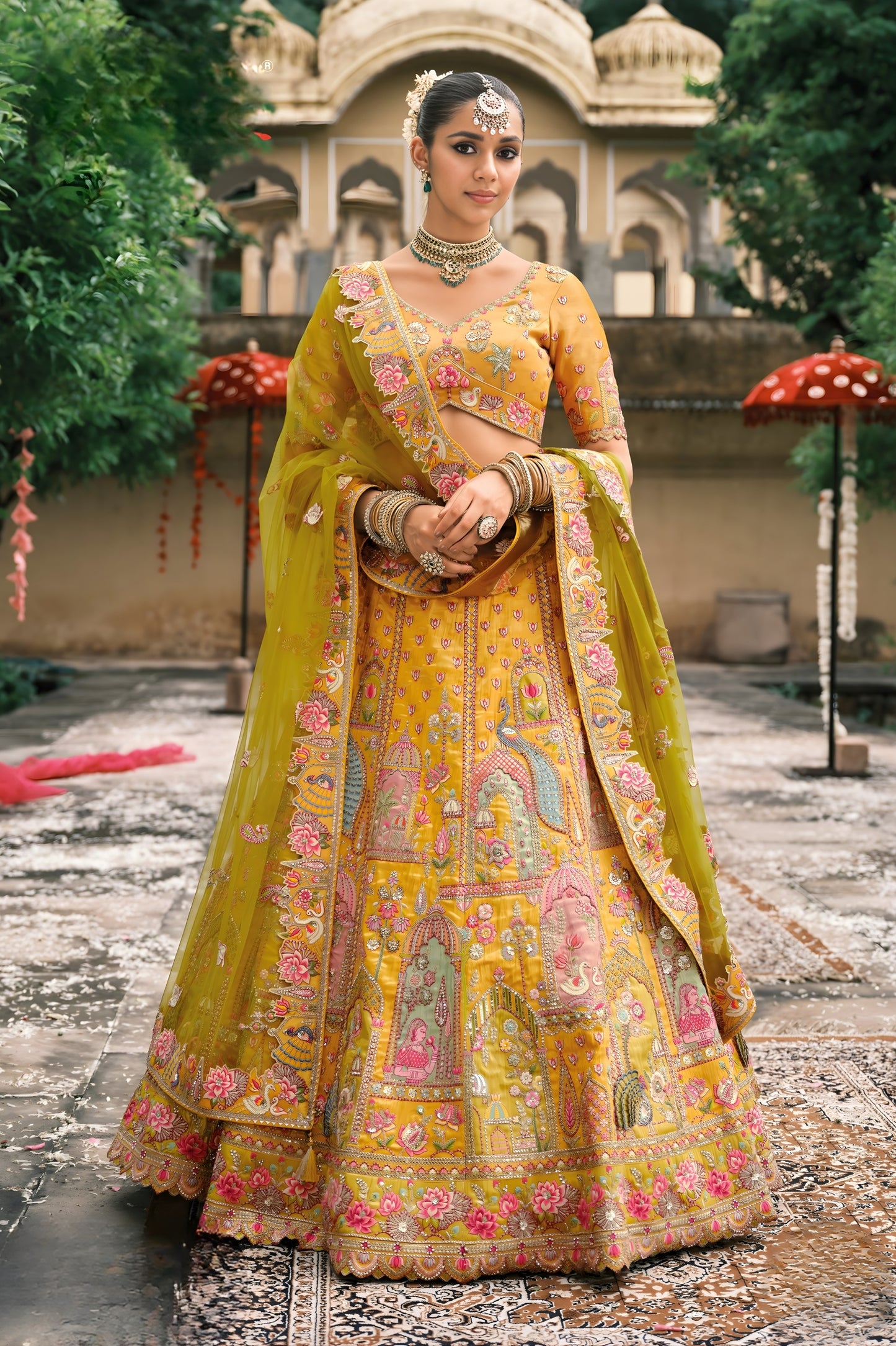 Vibrant Mustard Yellow Embroidered Silk Bridal Lehenga Choli with Traditional Motifs and Net Dupatta