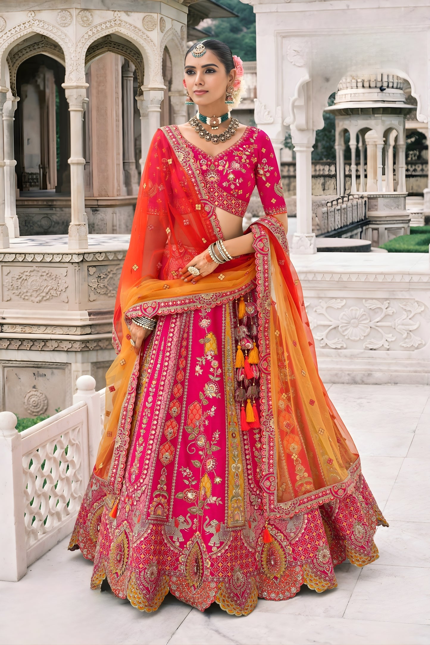 Royal Rani Pink and Orange Embroidered Silk Bridal Lehenga Choli with Heavy Zari Work and Net Dupatta