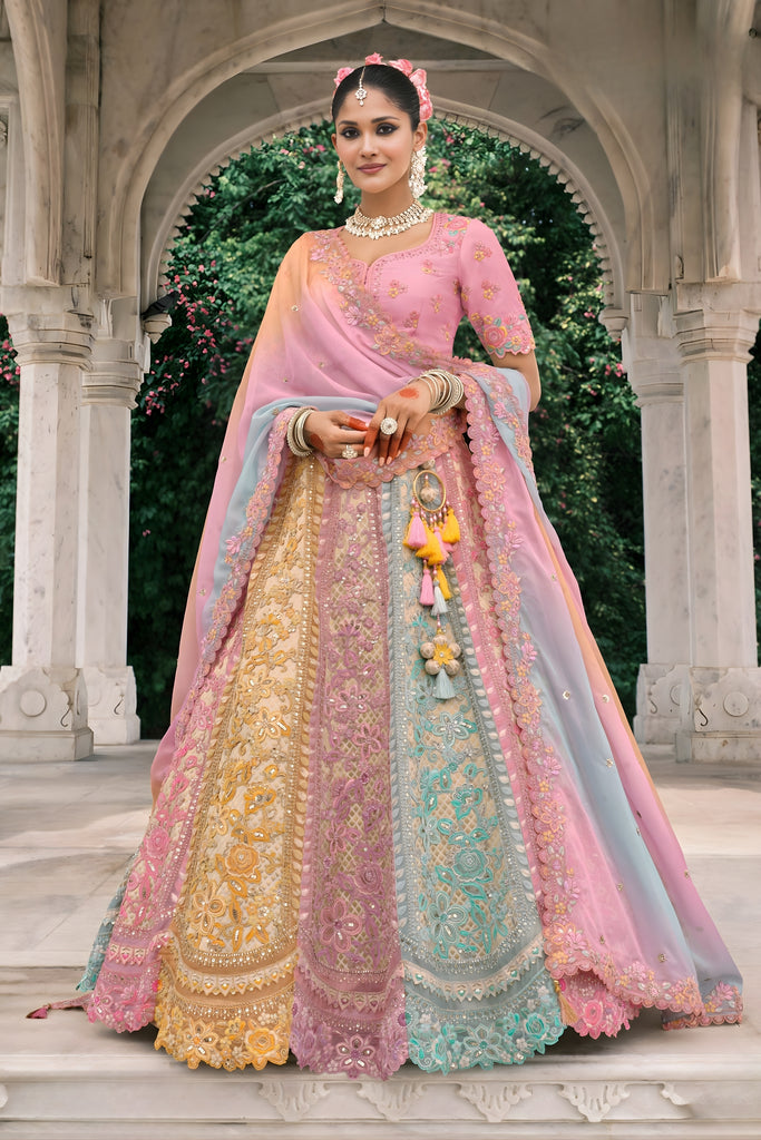 Beautiful Multicolor Embroidered Silk Lehenga Choli with Net Dupatta for Wedding