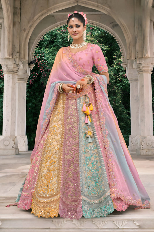 Beautiful Multicolor Embroidered Silk Lehenga Choli with Net Dupatta for Wedding
