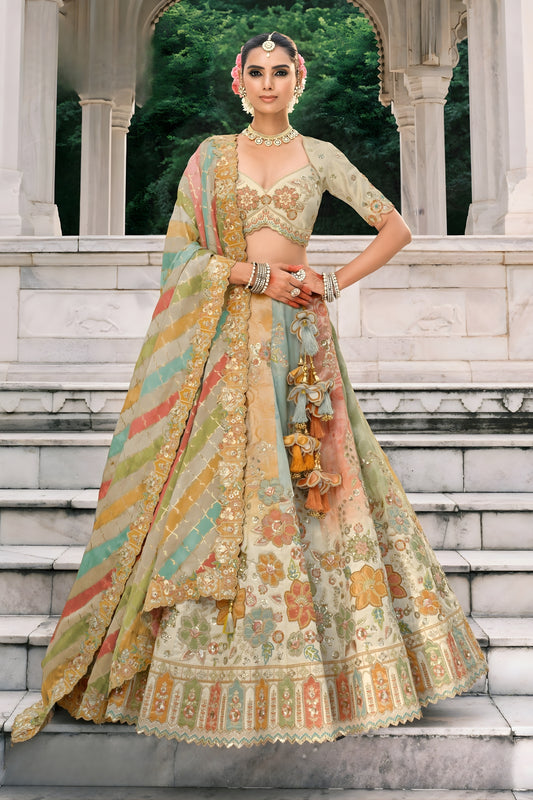 Fancy Multicolor Embroidered Silk Lehenga Choli with Printed Dupatta for Wedding