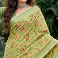 Pistachio Green Linen Cotton Saree Floral Paisley Embroidery Tassel Pallu