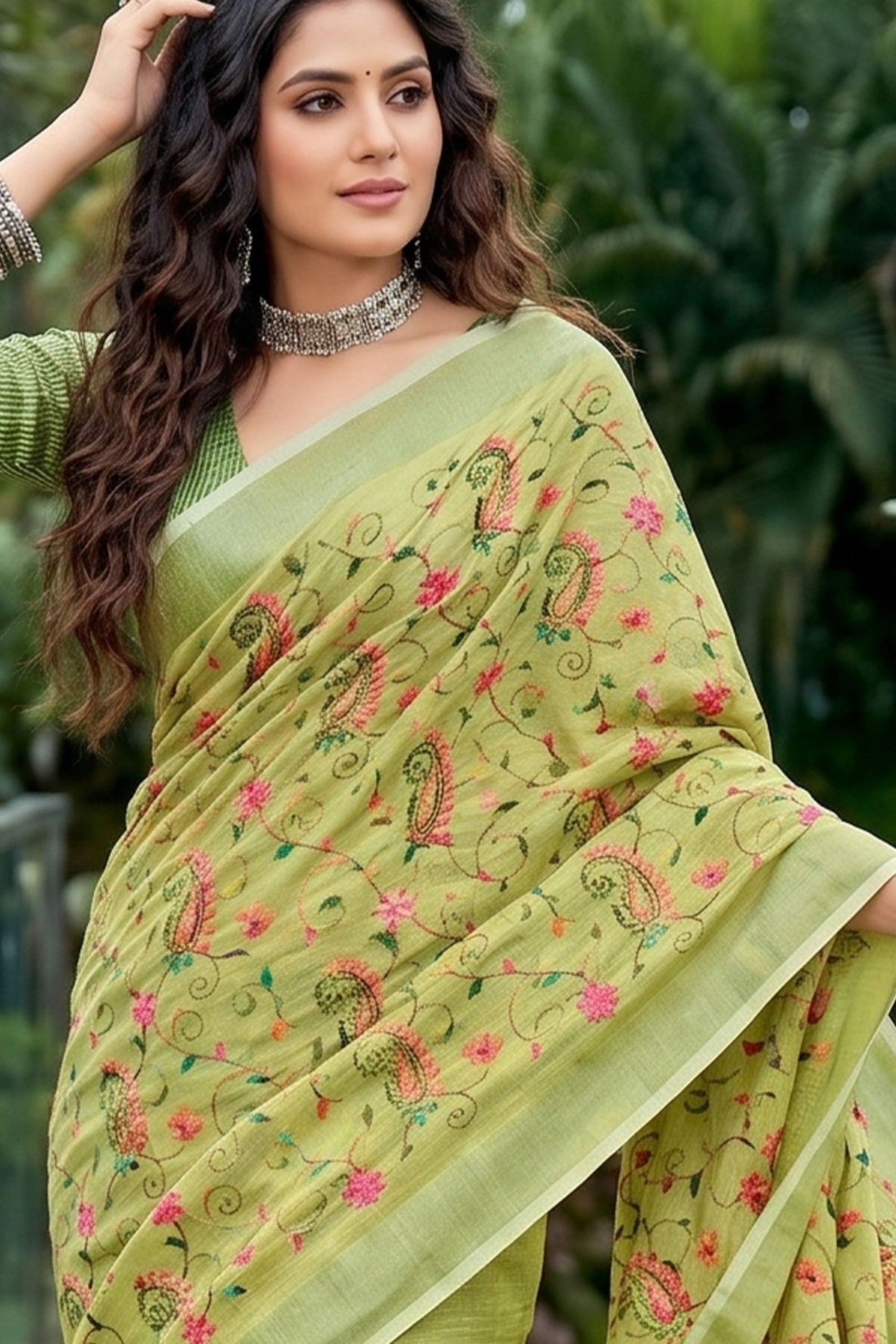 Pistachio Green Linen Cotton Saree Floral Paisley Embroidery Tassel Pallu