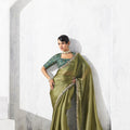 Olive Green Silk Saree with Golden Designer Green Blouse  Party Wear