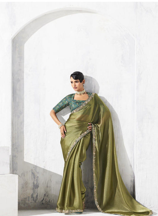 Olive Green Silk Saree with Golden Designer Green Blouse  Party Wear