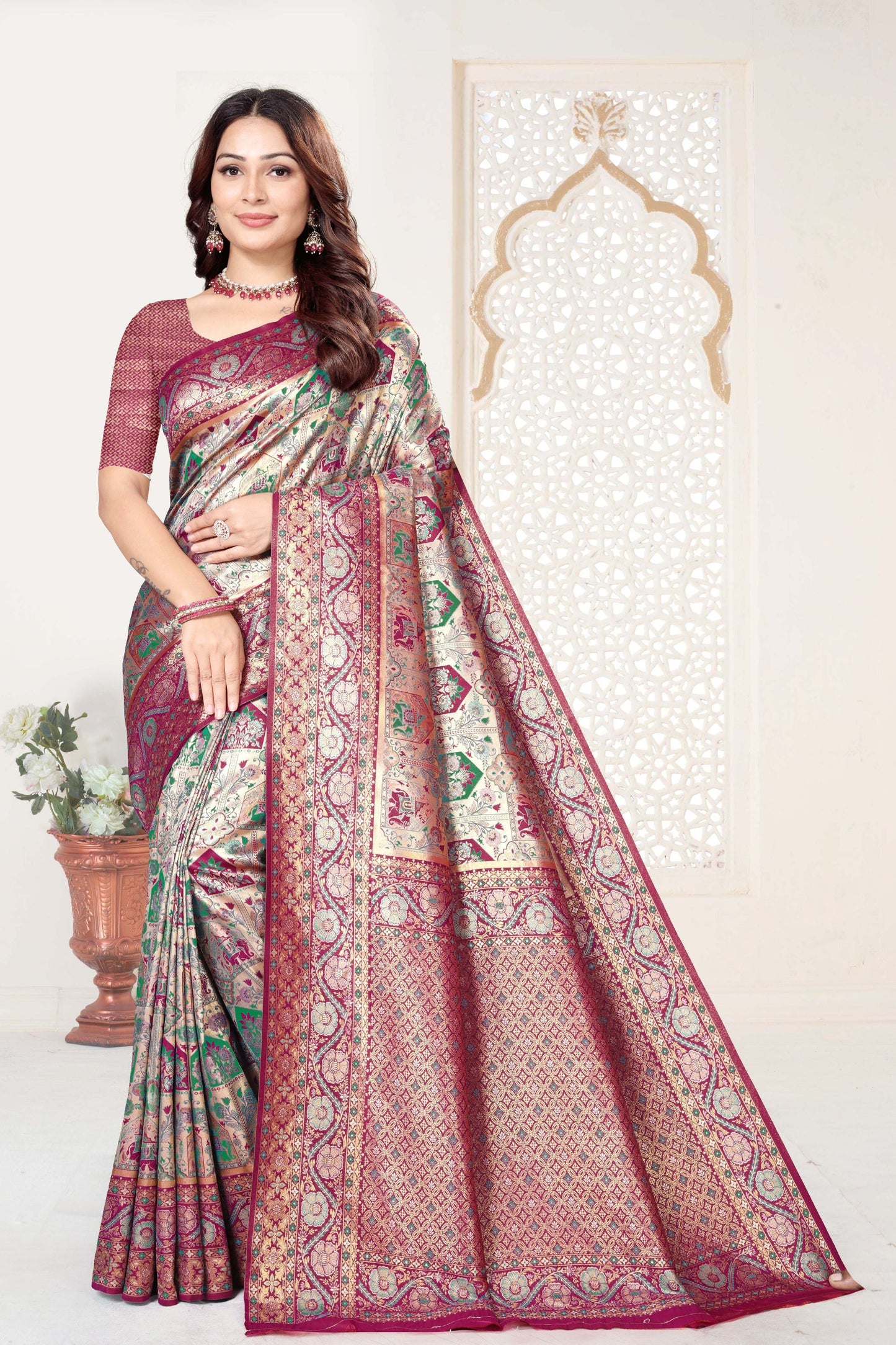 Maroon and Beige Banarasi Silk Saree with Rich Zari Woven Design