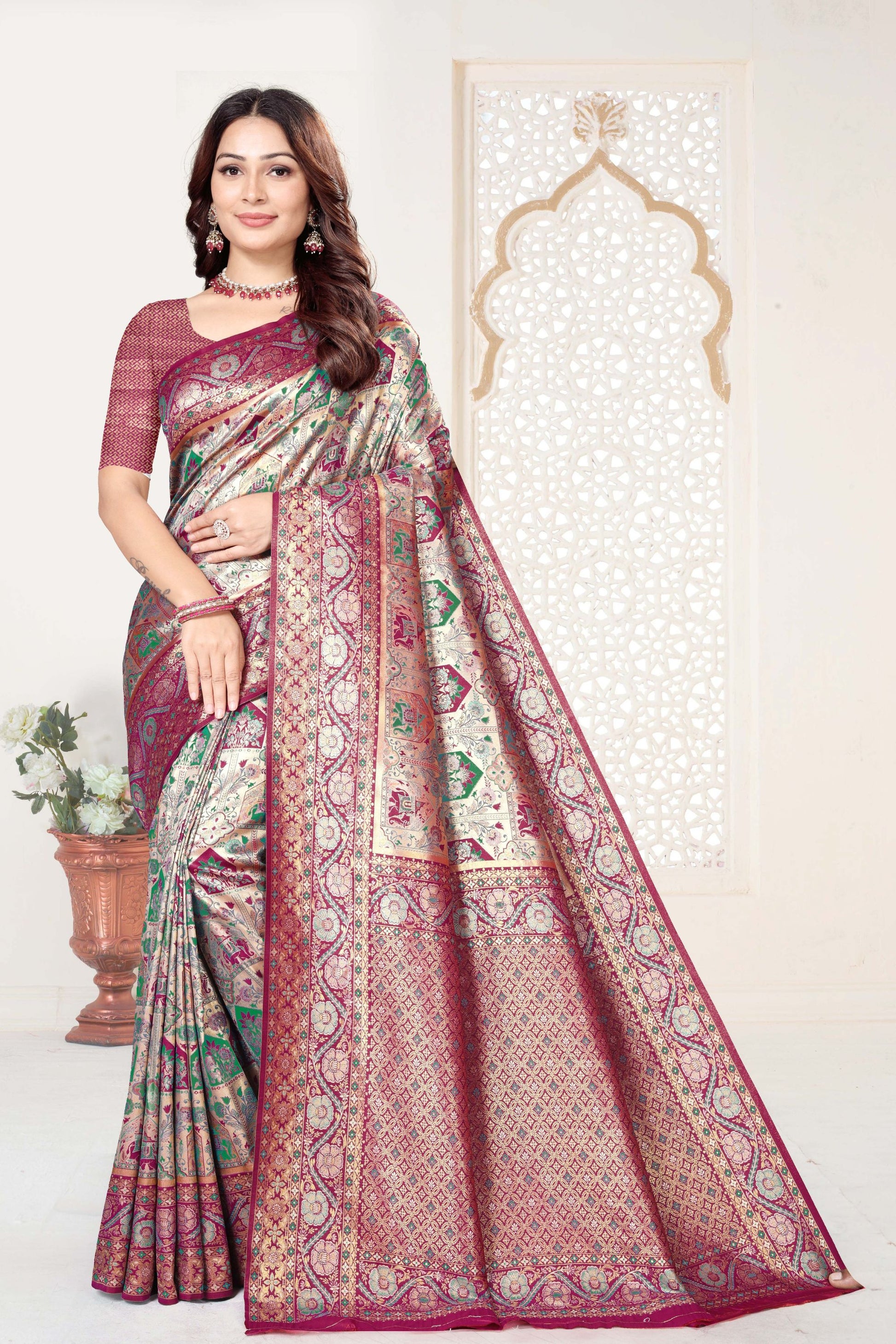 Maroon and Beige Banarasi Silk Saree with Rich Zari Woven Design