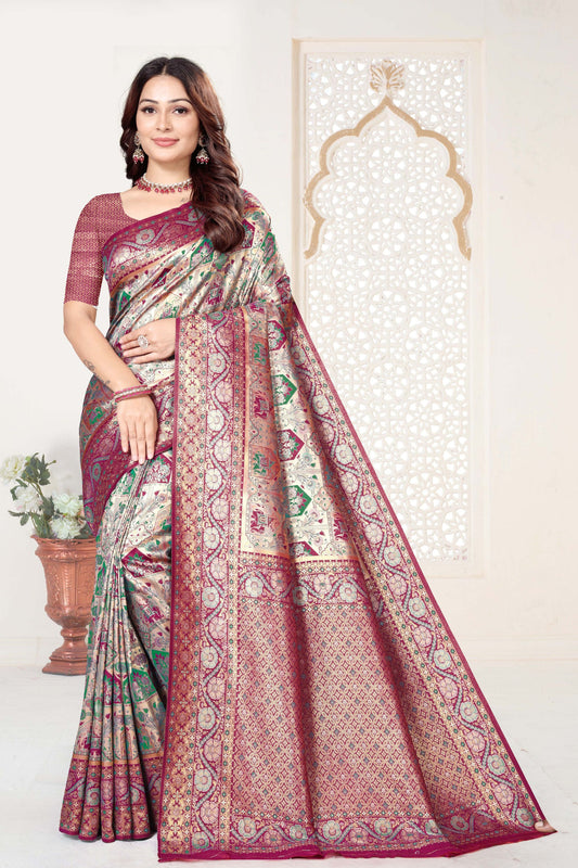 Maroon and Beige Banarasi Silk Saree with Rich Zari Woven Design