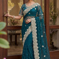 Teal Blue Net Saree with Heavy Sequins Embroidery Border 