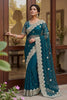 Teal Blue Net Saree with Heavy Sequins Embroidery Border 
