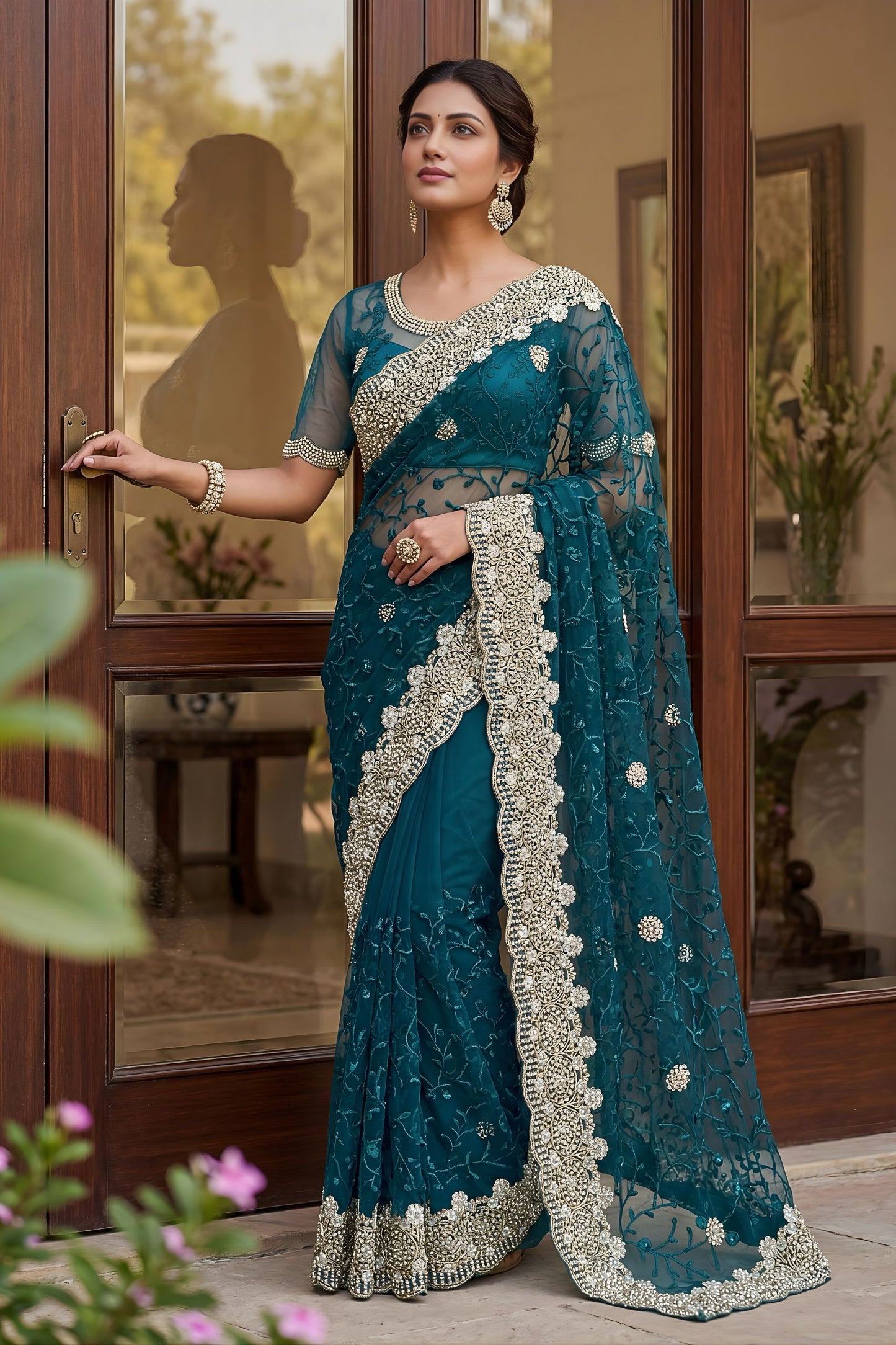 Teal Blue Net Saree with Heavy Sequins Embroidery Border 