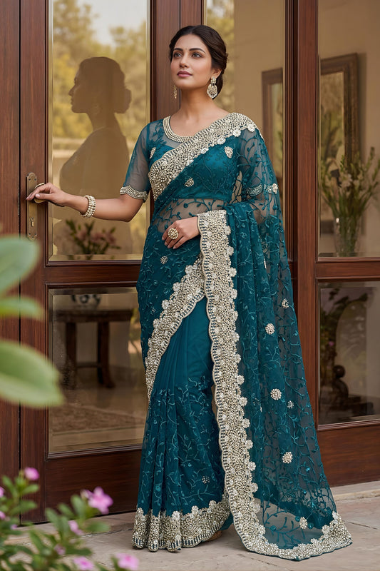 Teal Blue Net Saree with Heavy Sequins Embroidery Border 