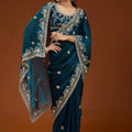 Teal Blue Designer Embroidered Saree with Heavy Matching Blouse