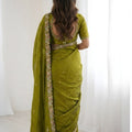 Olive Green Silk Saree Floral Embroidered Border Designer Blouse