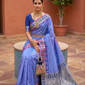 Purple Silk Saree with Blue Contrast Border Zari Weaving Festive Wear