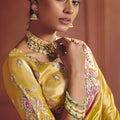 Mustard Yellow Silk Saree with Pink Embroidered Border Designer Blouse