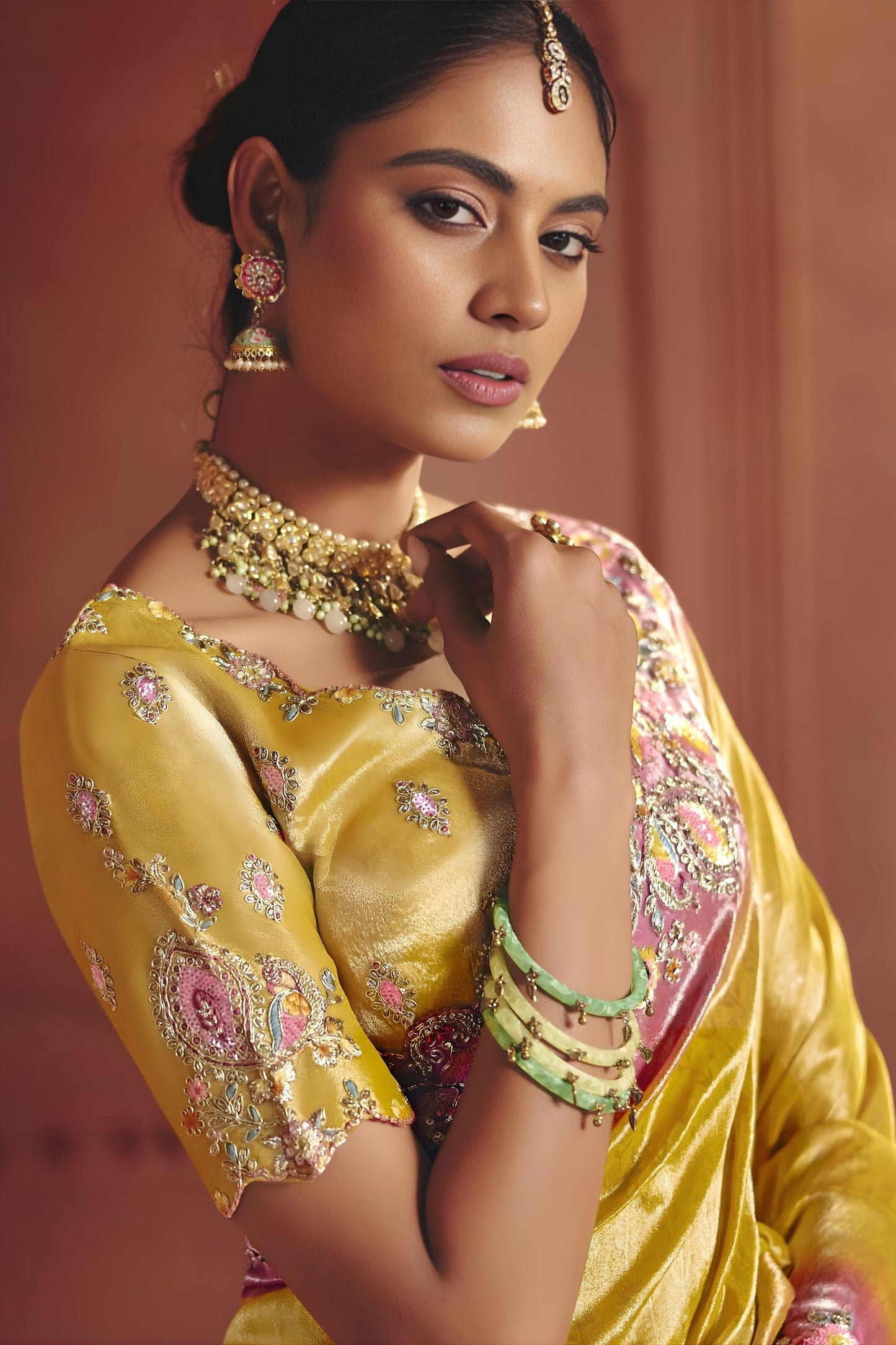Mustard Yellow Silk Saree with Pink Embroidered Border Designer Blouse