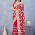 Designer Red Floral Embroidered Net Saree with Heavy Border