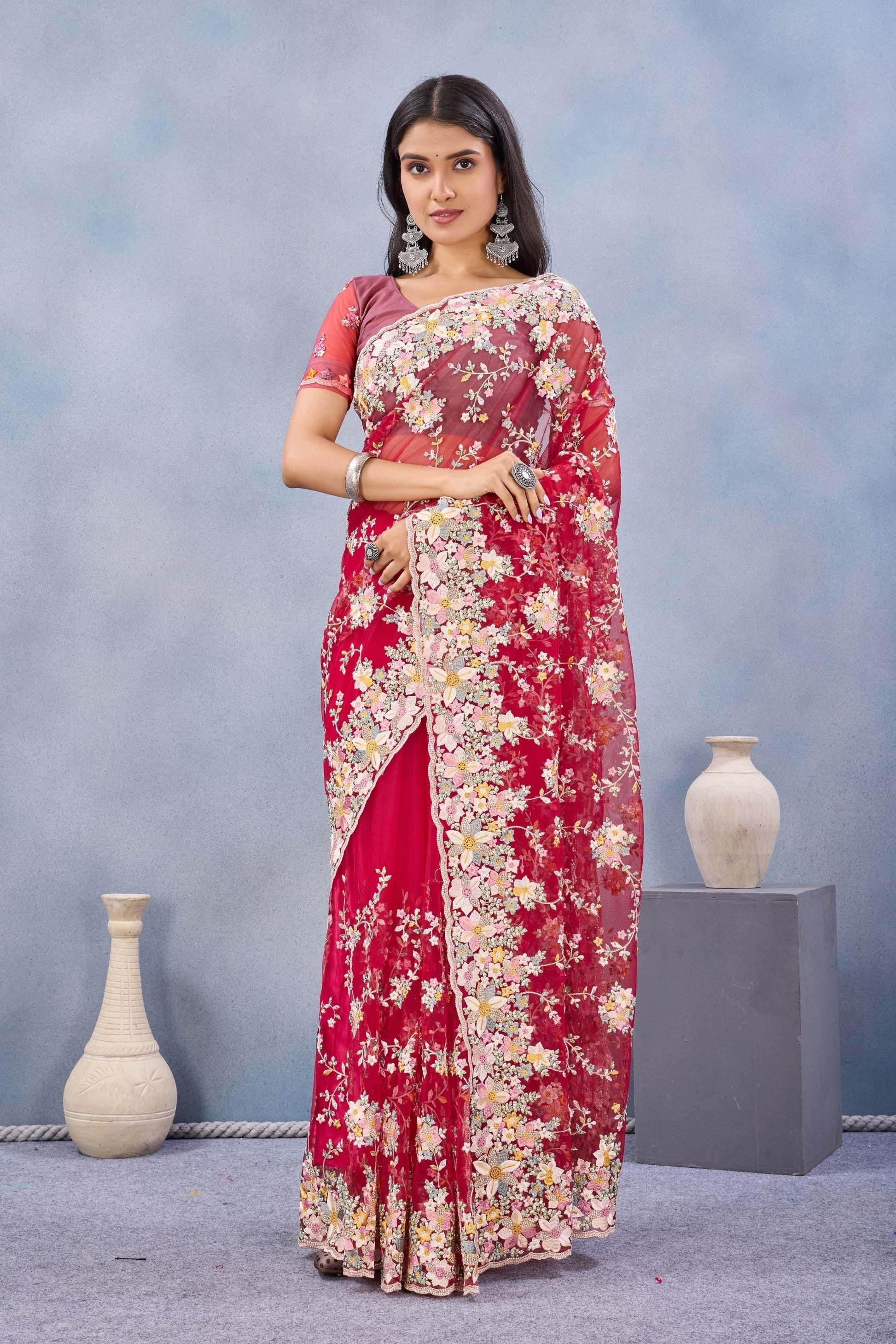 Designer Red Floral Embroidered Net Saree with Heavy Border