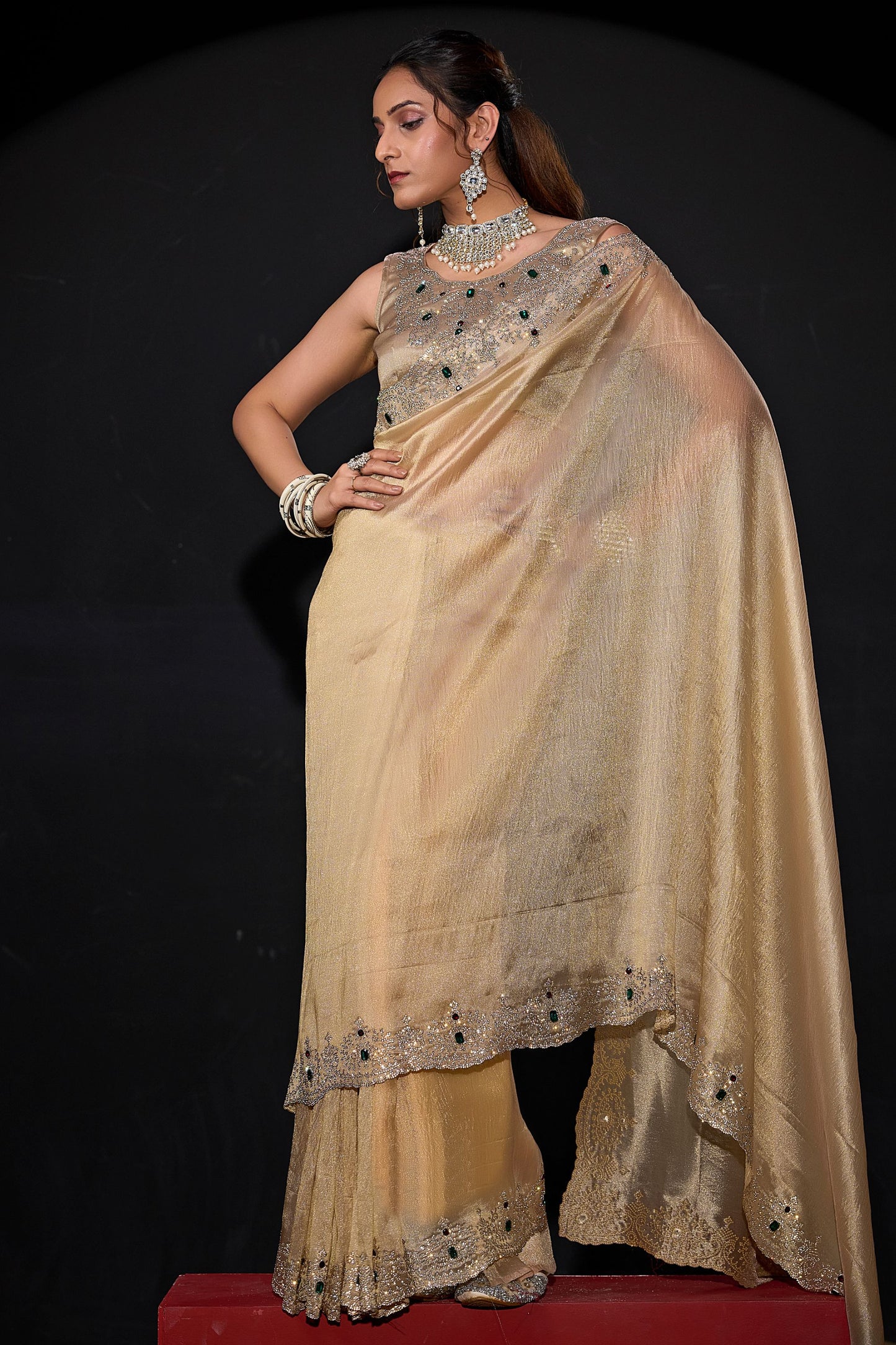 Golden Shimmer Silk Saree with Heavy Stone Zari Embroidered Border 