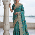 Teal Green Banarasi Silk Saree Heavy Zari Embroidery Rich Designer Border
