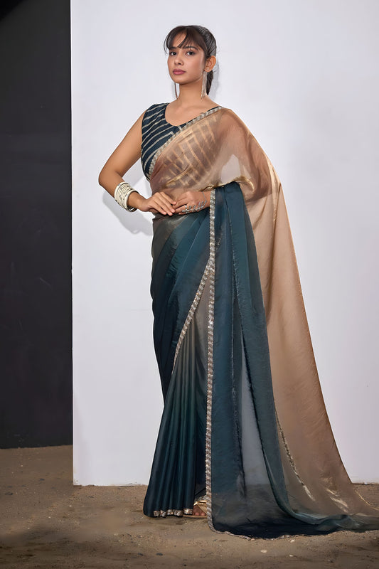 Dual Tone Dark Green Golden Brown Saree with Designer Border