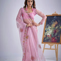 Designer Pink Organza Saree with Floral Embroidery Saree
